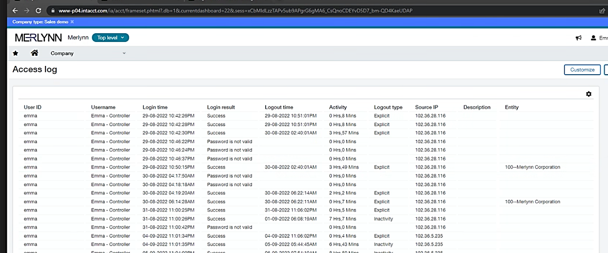 Sage Intacct access log